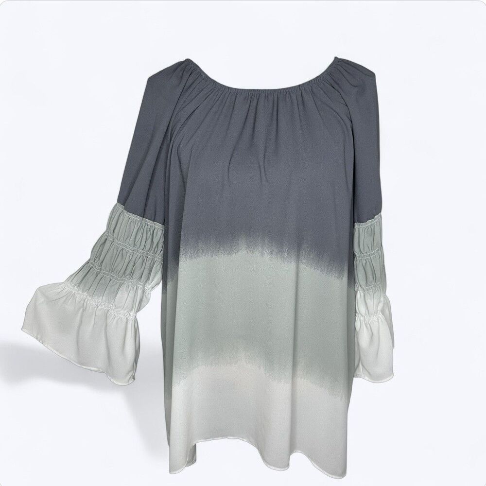Cato Ombre‎ Top Sz 18/20W Bluish Gray White Gathered Elastic Sleeve Coastal Boho